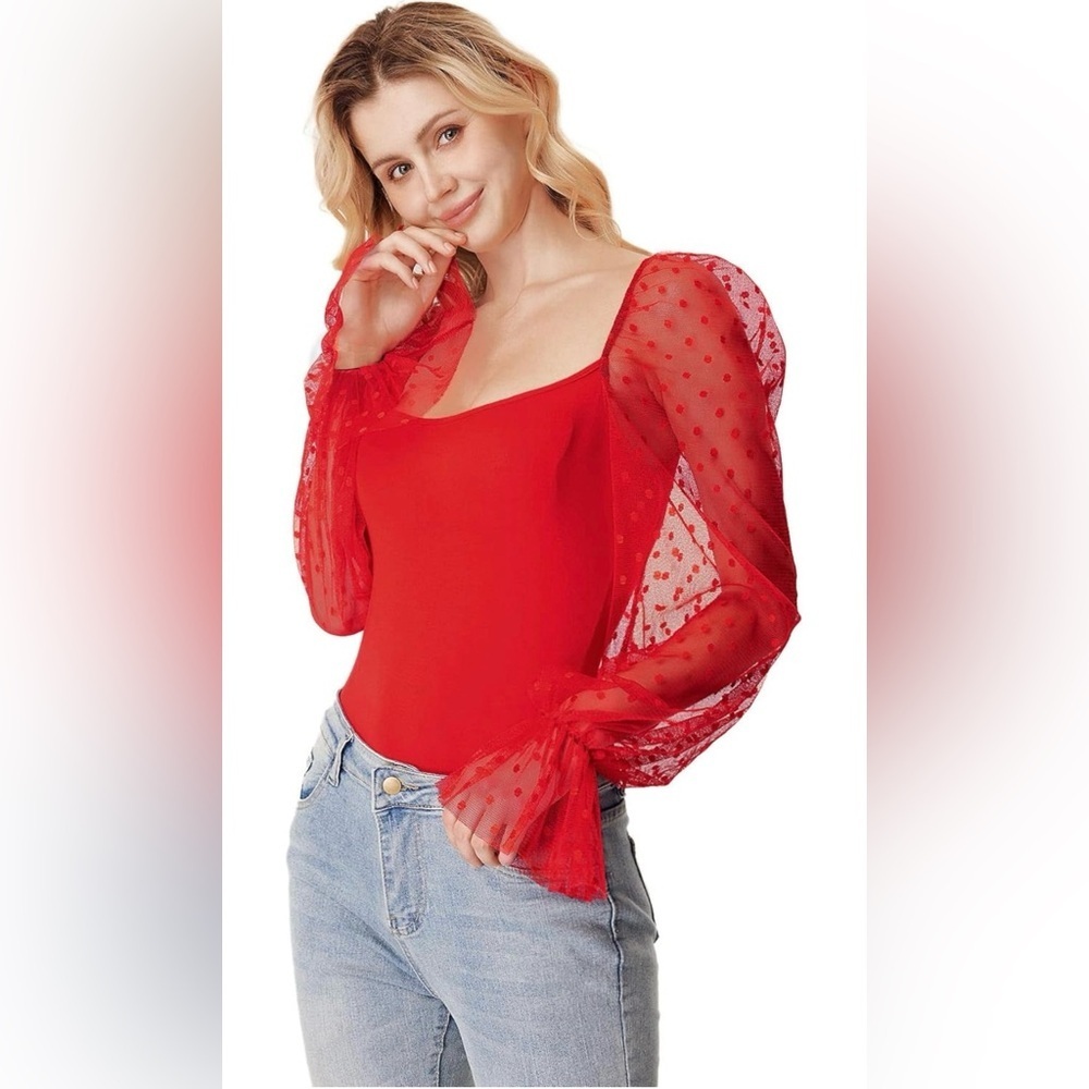 WDIRARA Polka Dots Sheer Dobby Mesh Square Neck Long Sleeve Skinny Bodys…